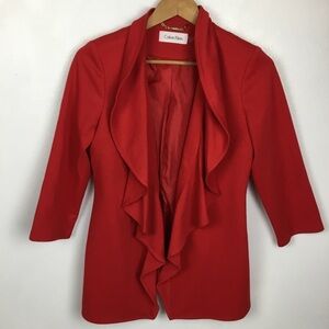 Ruffled Open Front Cherry Red Cardigan Blazer Calvin Klein 10P